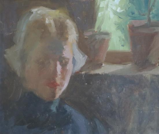 Attributed to Channel Pickering Townsley (American, 1867-1921) Study of a lady beside a windowsill and two landscapes Largest 13 x 16in